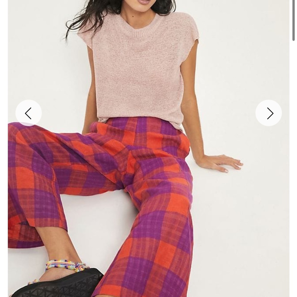 🧡💜 Eva Franco 100% Linen Plaid Wide-Leg Pants –Size 0 🧡💜